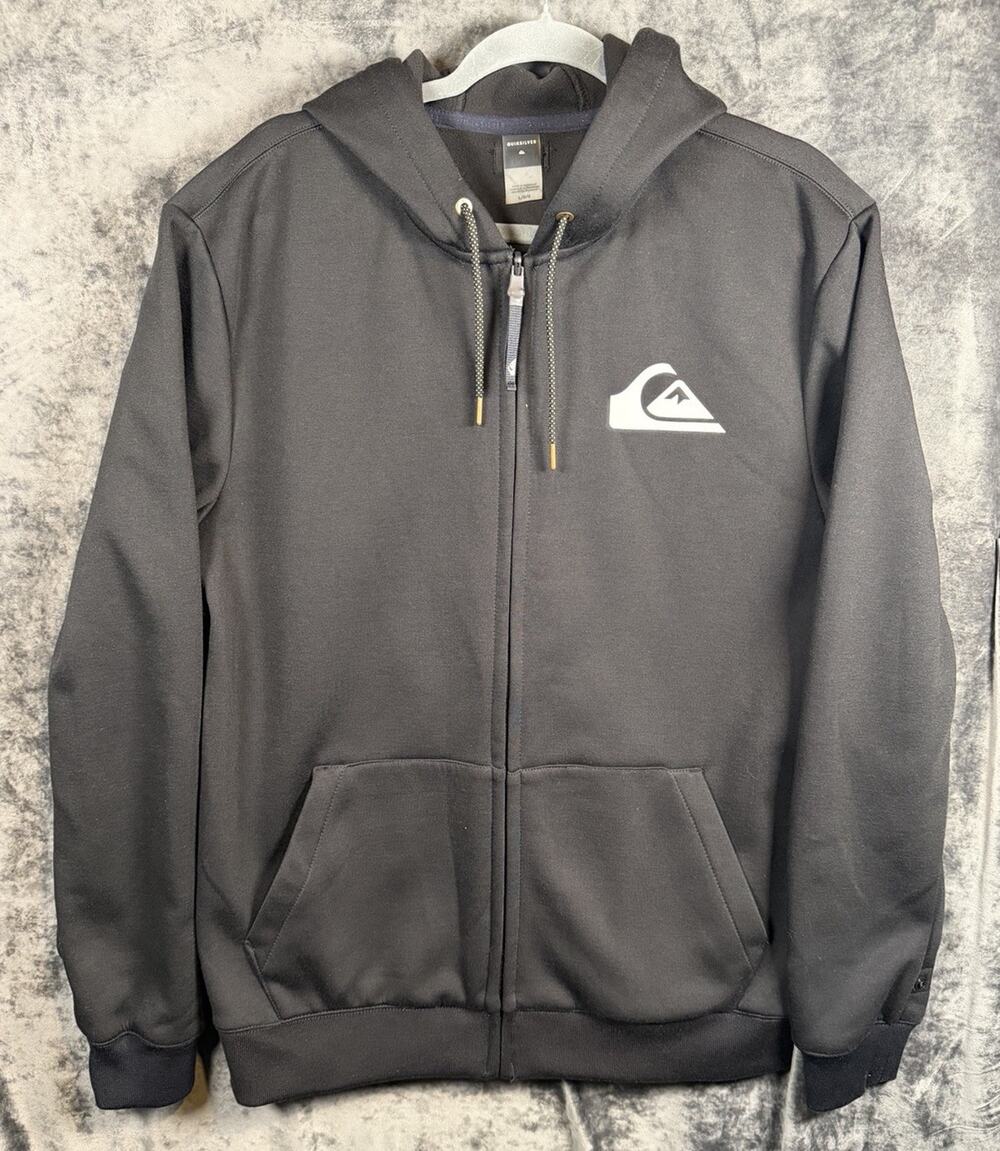 Quiksilver Full Zip Hoodie Mens Large Black Surf Skate Sweatshirt Logo Y2K